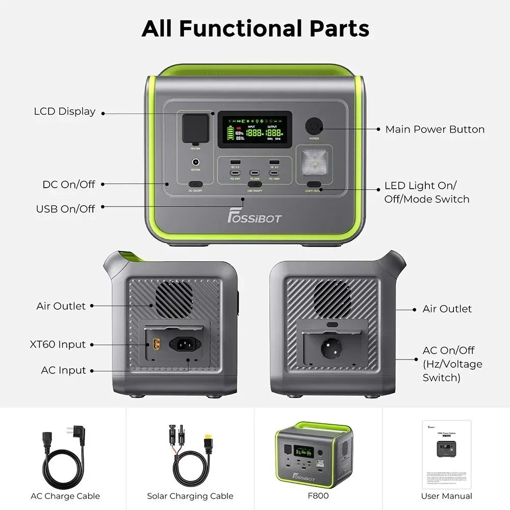 FOSSiBOT-estación de energía portátil F800, generador Solar LiFePO4 de 512WH, salida de CA de 800W, entrada Solar máxima de 200W