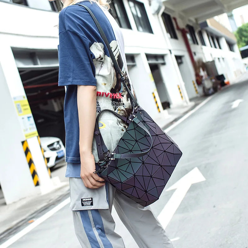 Luminous reflective  Bag Geometric Tote Folding Shoulder Bags for women 2024 Plain Folding Handbags sac a main Female Bolsas