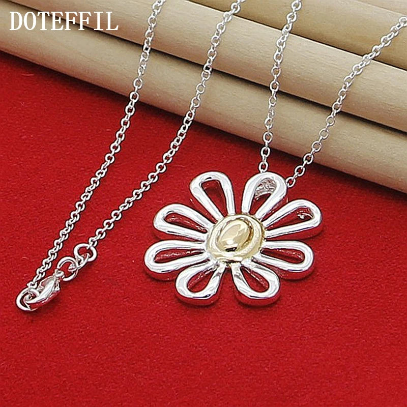 DOTEFFIL 925 Sterling Silver 18 Inch Chain Flower Pendant Necklace For Women Wedding Engagement Fashion Charm Jewelry