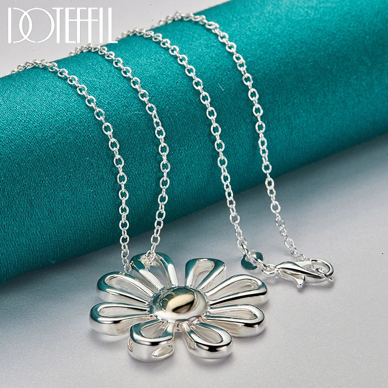 DOTEFFIL 925 Sterling Silver 18 Inch Chain Flower Pendant Necklace For Women Wedding Engagement Fashion Charm Jewelry