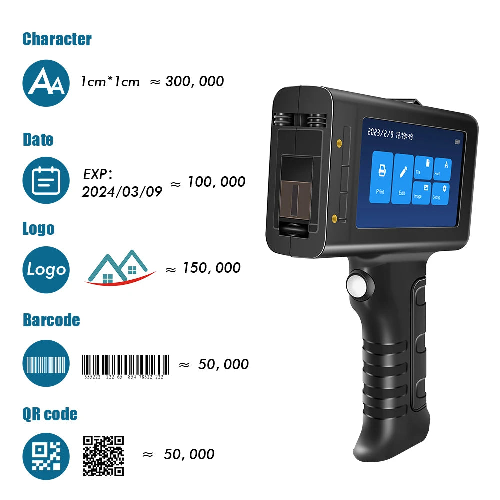 Portable 12.7mm Handheld Inkjet Printer WLD-L1 QR Barcode Batch Number Logo Expiry Date Label Printer Gun with Black Cartridge