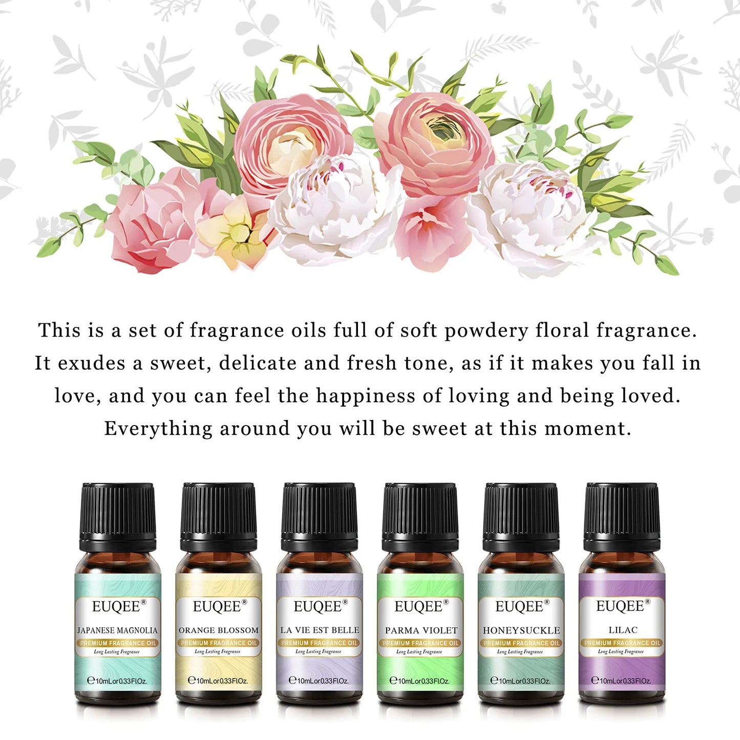 EUQEE 6PCS Floral Fragrance Oils Gift Set  - La Vie Est Belle,Orange Blossom,Japanese Magnolia,Lilac,Parma Violet,Honeysuckle