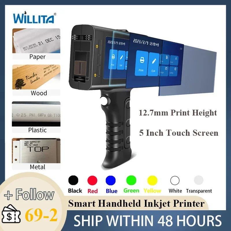 Willita 12.7mm Portable Handheld Inkjet Printer for Batch Number Barcode QR Code Logo Textile Hand Printer Label Coding Machine