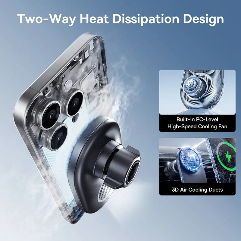 Baseus Cooling Fan Car Magnetic Wireless Charger For iPhone 16 15 14 QI2 15W Fast Charging For Samsung Xiaomi Car Phone Holder