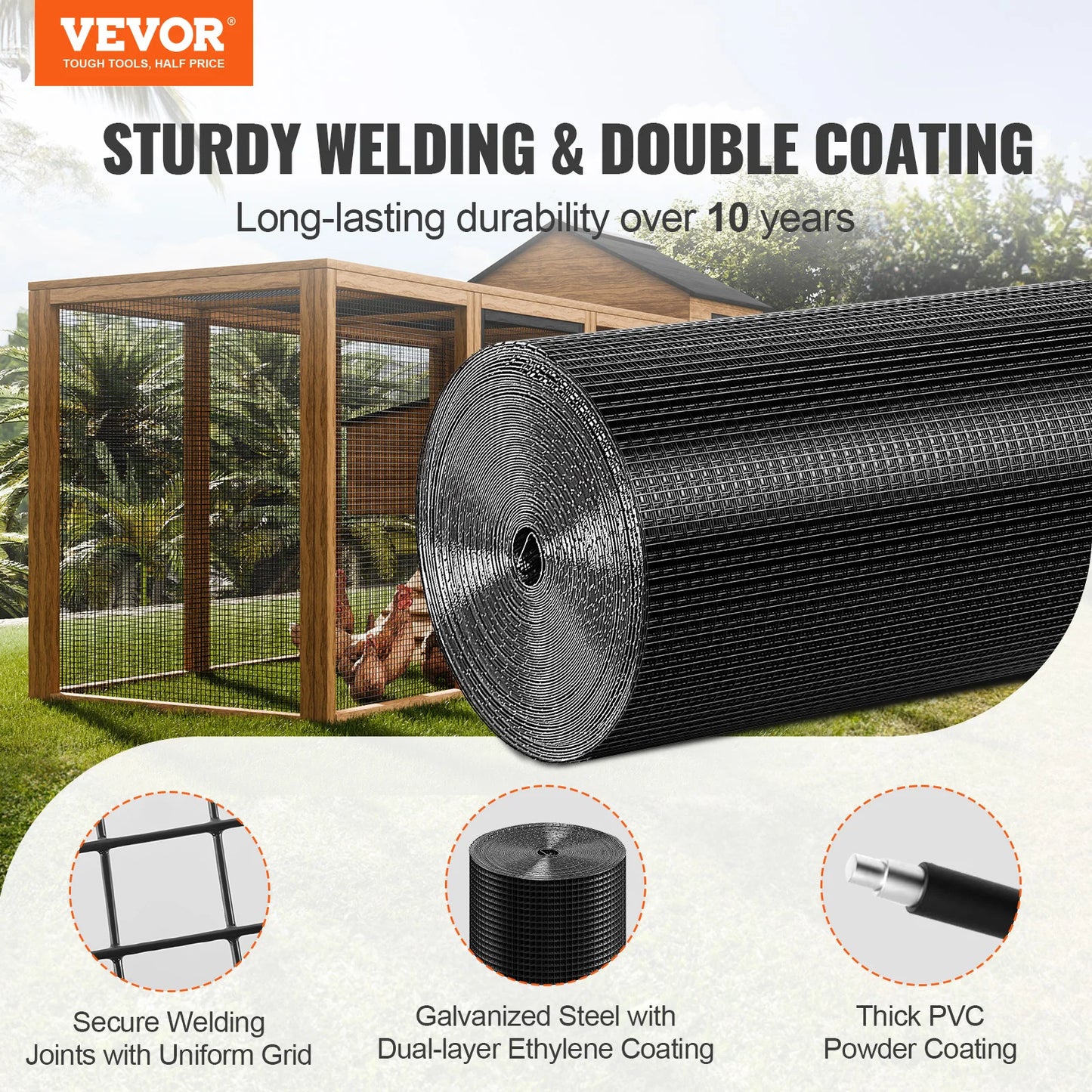 VEVOR Hardware Cloth Galvanized Wire Mesh Roll Vinyl Coating Metal Wire Mesh for Chicken Coop Barrier Poultry Enclosures Black