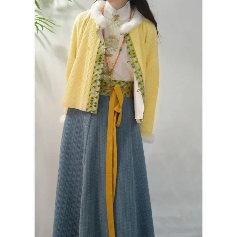 Winter Traditional Chinese Tang Dynasty Style Hanfu Dress Green Fleece