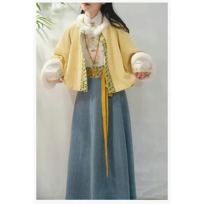 Winter Traditional Chinese Tang Dynasty Style Hanfu Dress Green Fleece