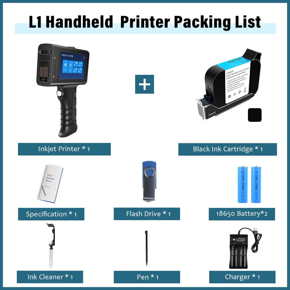 Portable 12.7mm Handheld Inkjet Printer WLD-L1 QR Barcode Batch Number Logo Expiry Date Label Printer Gun with Black Cartridge