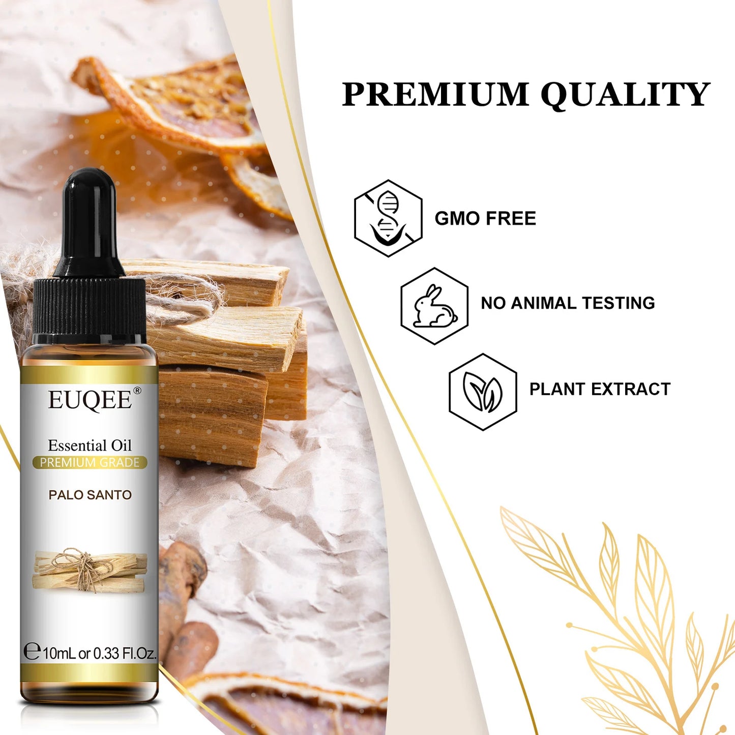 EUQEE 10ML Palo Santo Natural Essential Oil With Glass Dropper Oregano Cardamom Marjoram Fennel Lemon Eucalyptus Aroma Oils