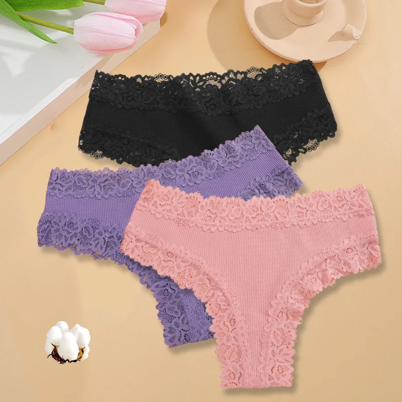 3PCS/Set Women Sexy Lace Panties Cotton Seamless Brazilian Panties Female Sexy Low Rise Soft Underwear G-String Lingerie S-XL