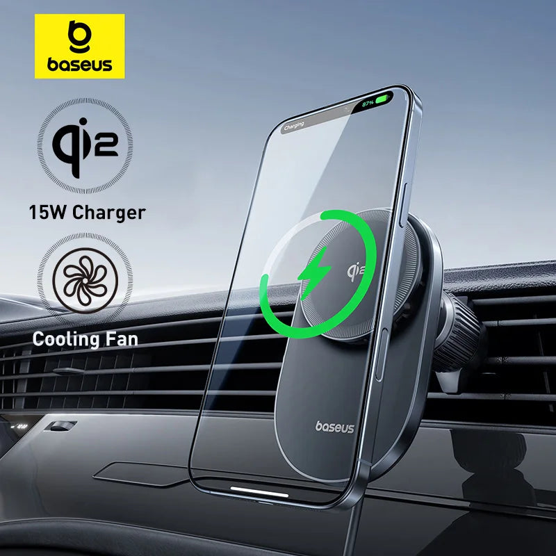 Baseus Cooling Fan Car Magnetic Wireless Charger For iPhone 16 15 14 QI2 15W Fast Charging For Samsung Xiaomi Car Phone Holder