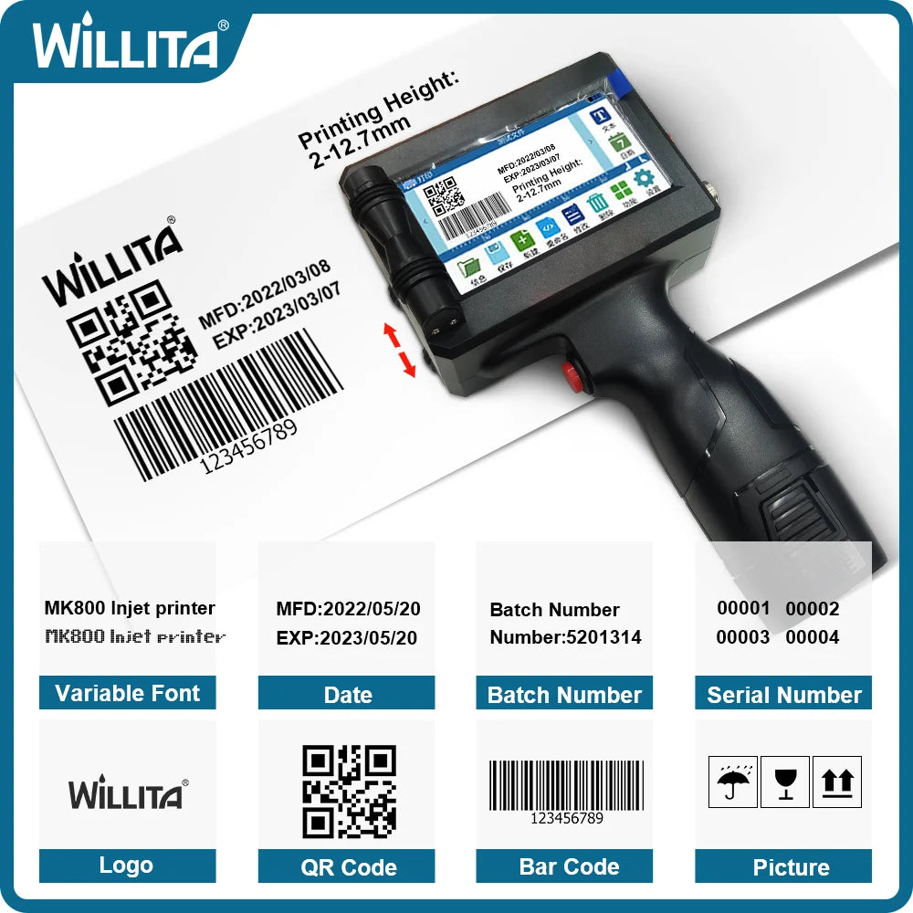 WILLITA WK800 Handheld Thermal Inkjet Printer Portable For Plastic Carton Glass Number QR Code Barcode Logo Expiry Date Printing