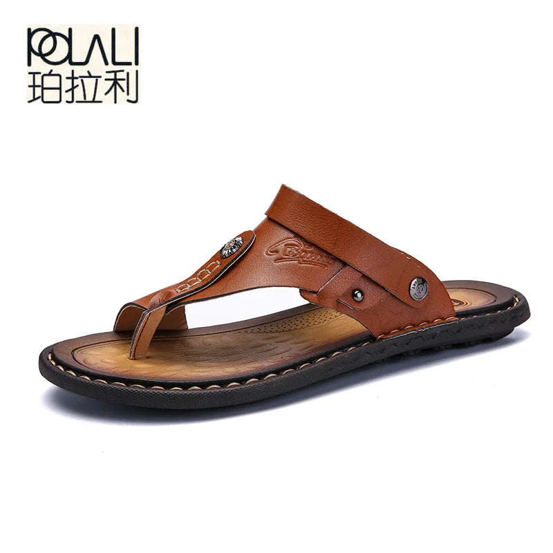 POLALI Men Sandals Genuine Split Leather Men Beach Sandals Brand Men Casual Shoes Flip Flops Men Slippers Sneakers Summer Shoes