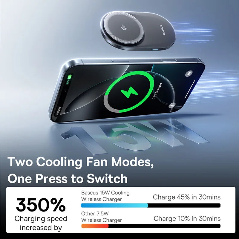 Baseus Cooling Fan Car Magnetic Wireless Charger For iPhone 16 15 14 QI2 15W Fast Charging For Samsung Xiaomi Car Phone Holder