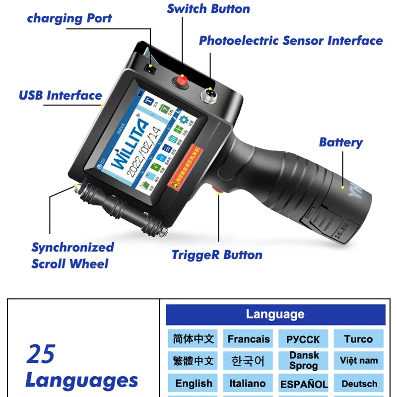 WILLITA WK800 Handheld Thermal Inkjet Printer Portable For Plastic Carton Glass Number QR Code Barcode Logo Expiry Date Printing