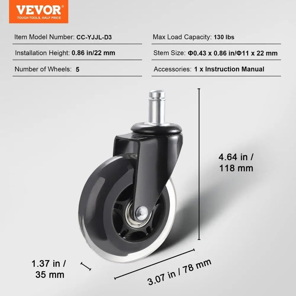 Office Chair Wheels, Set of 5, 3 inch Caster Wheels Replacement for hardwood Floors and Carpet, Heavy Duty Computer Gaming Desk