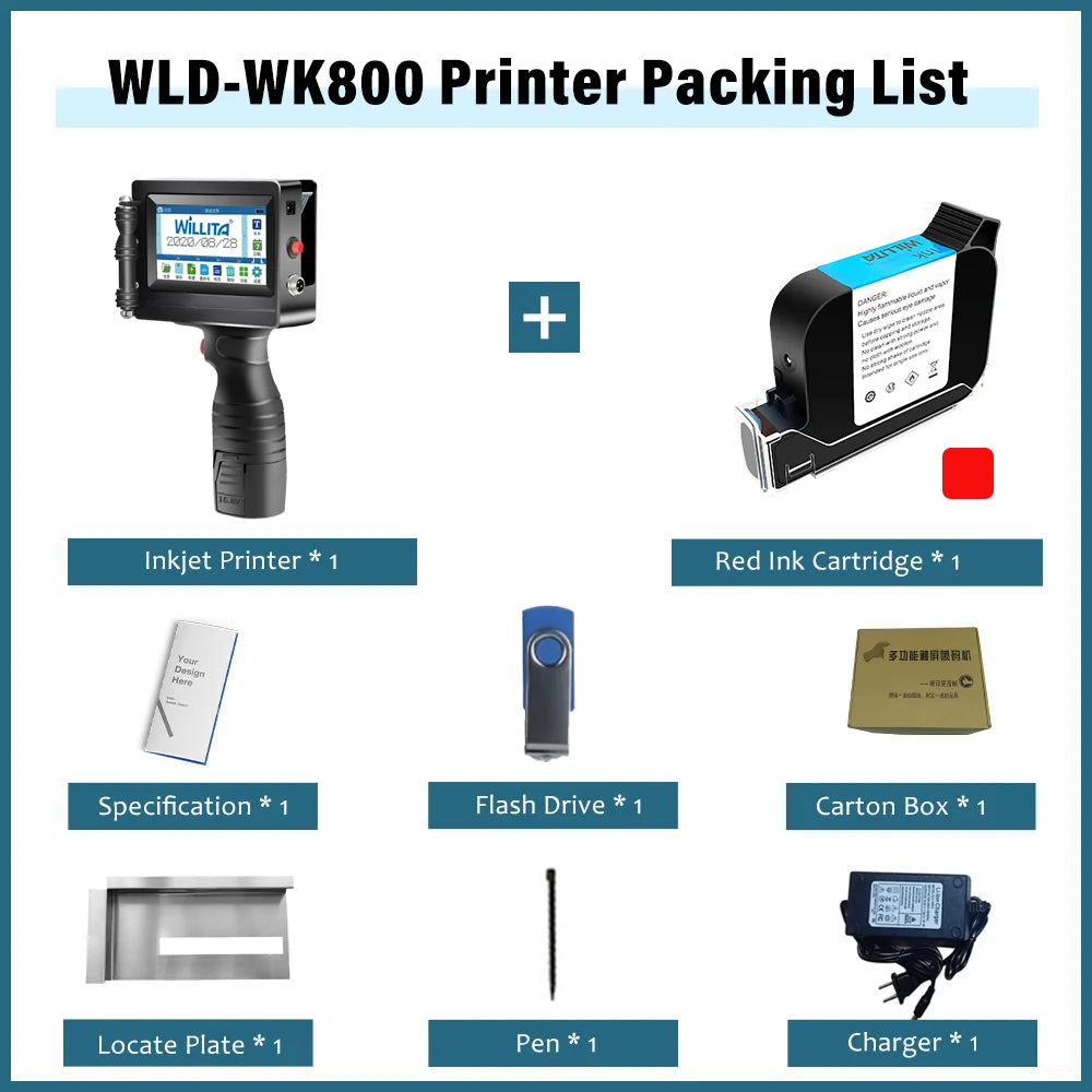 WILLITA WK800 Handheld Thermal Inkjet Printer Portable For Plastic Carton Glass Number QR Code Barcode Logo Expiry Date Printing