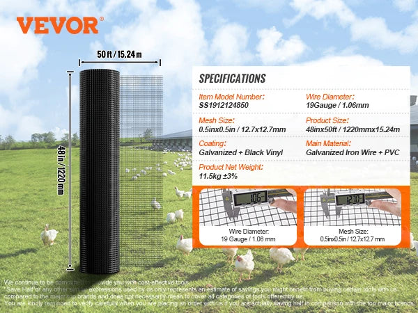 VEVOR Hardware Cloth Galvanized Wire Mesh Roll Vinyl Coating Metal Wire Mesh for Chicken Coop Barrier Poultry Enclosures Black