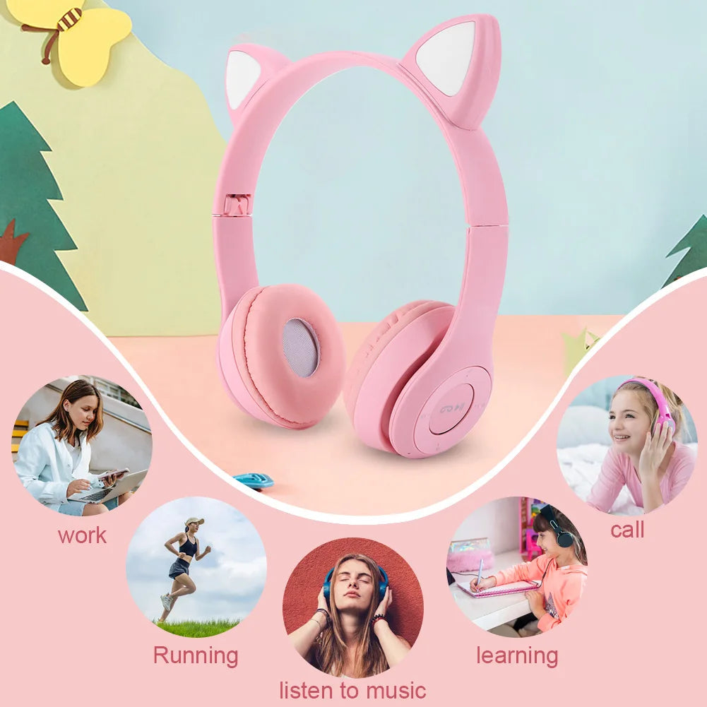 Flash Light Cat Ear Earphone Voice Control Bluetooth-Compatible Cute Cat Ears Wireless Headphone Kids Girls Stereo Music Headset