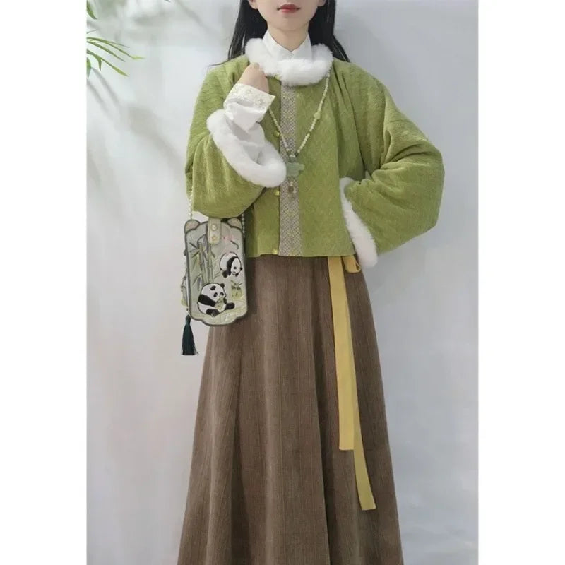 Winter Traditional Chinese Tang Dynasty Style Hanfu Dress Green Fleece