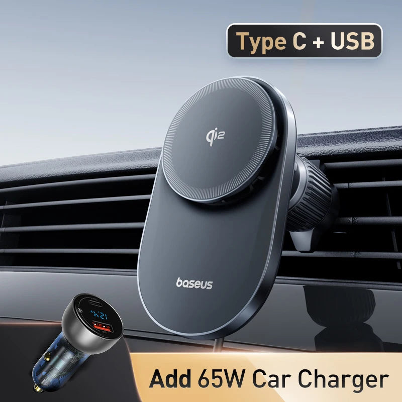 Baseus Cooling Fan Car Magnetic Wireless Charger For iPhone 16 15 14 QI2 15W Fast Charging For Samsung Xiaomi Car Phone Holder