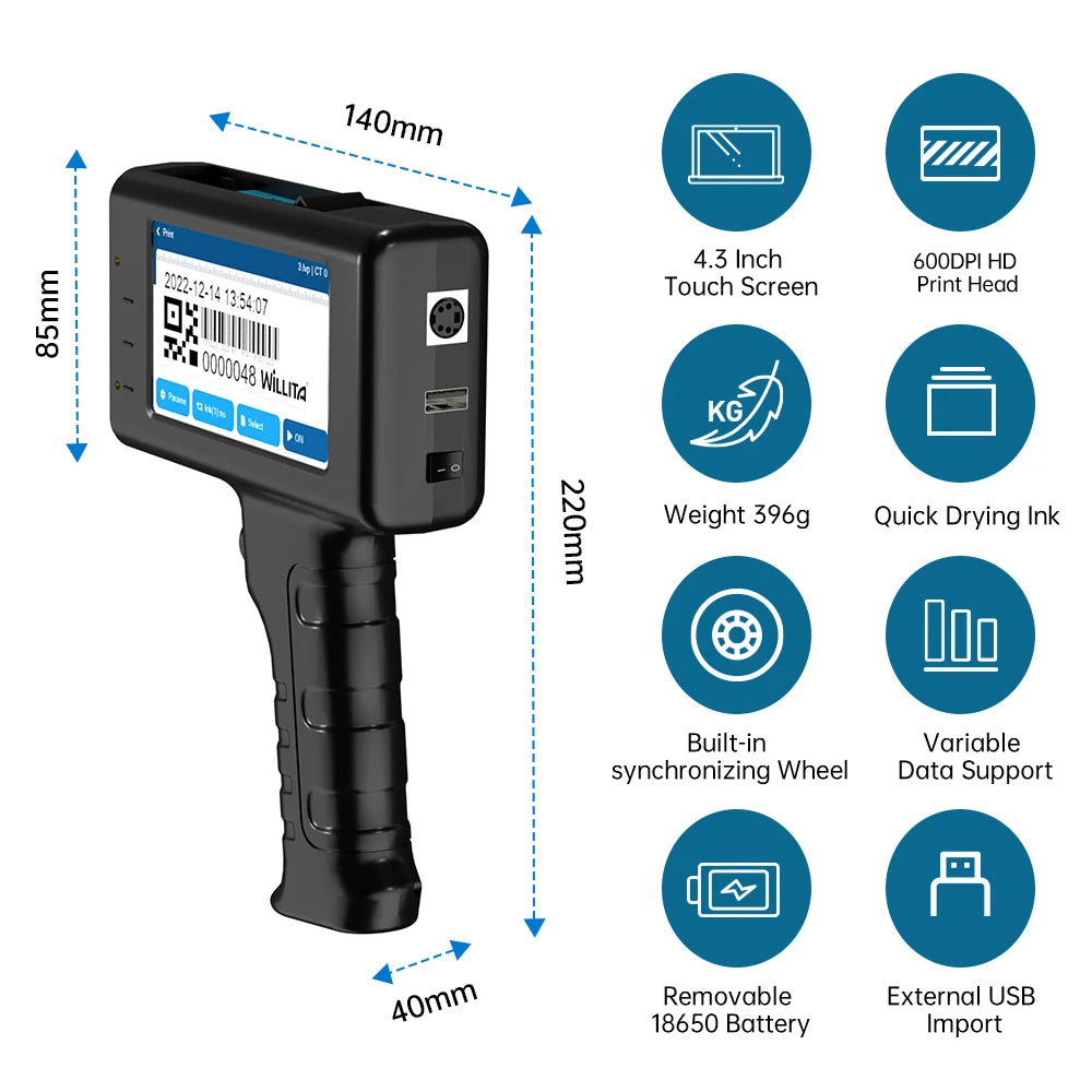 Portable 12.7mm Handheld Inkjet Printer WLD-L1 QR Barcode Batch Number Logo Expiry Date Label Printer Gun with Black Cartridge