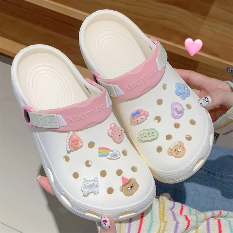 Cute Heart Women Hole Shoes 2024 Summer New Women's Fun Little Bear Cartoon Baotou Cool Slippers Outdoor Summer Beach Sandals