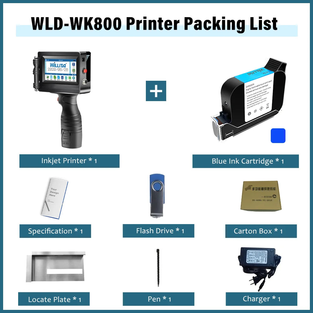 WILLITA WK800 Handheld Thermal Inkjet Printer Portable For Plastic Carton Glass Number QR Code Barcode Logo Expiry Date Printing