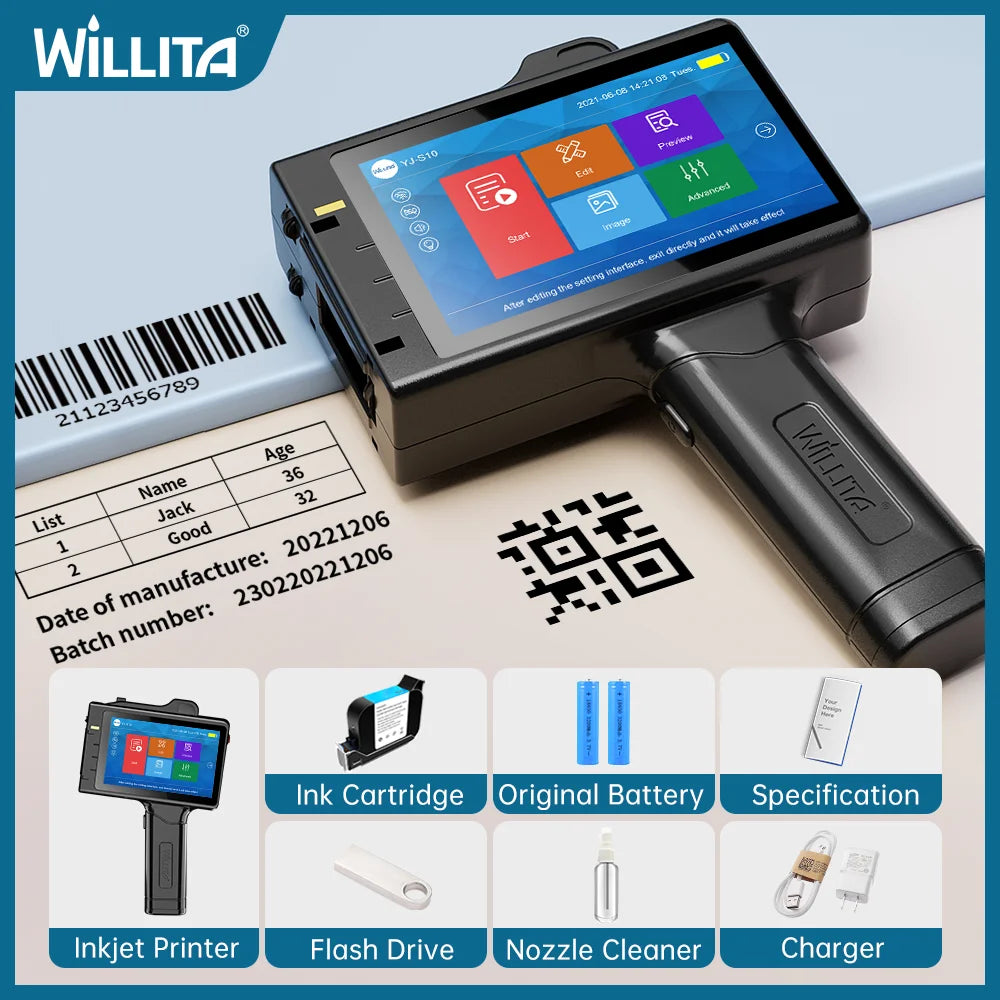 WILLITA 25.4mm Handheld Inkjet Printer For Logo Expiry Date QR Code Barcode Batch Number Label Tij Printer Portable 18 Languages