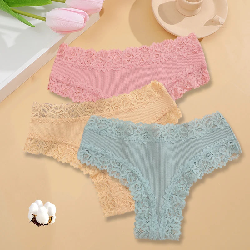 3PCS/Set Women Sexy Lace Panties Cotton Seamless Brazilian Panties Female Sexy Low Rise Soft Underwear G-String Lingerie S-XL