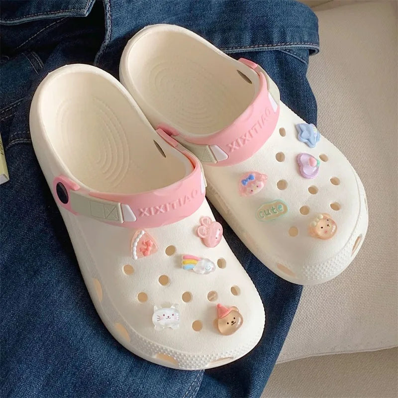 Cute Heart Women Hole Shoes 2024 Summer New Women's Fun Little Bear Cartoon Baotou Cool Slippers Outdoor Summer Beach Sandals