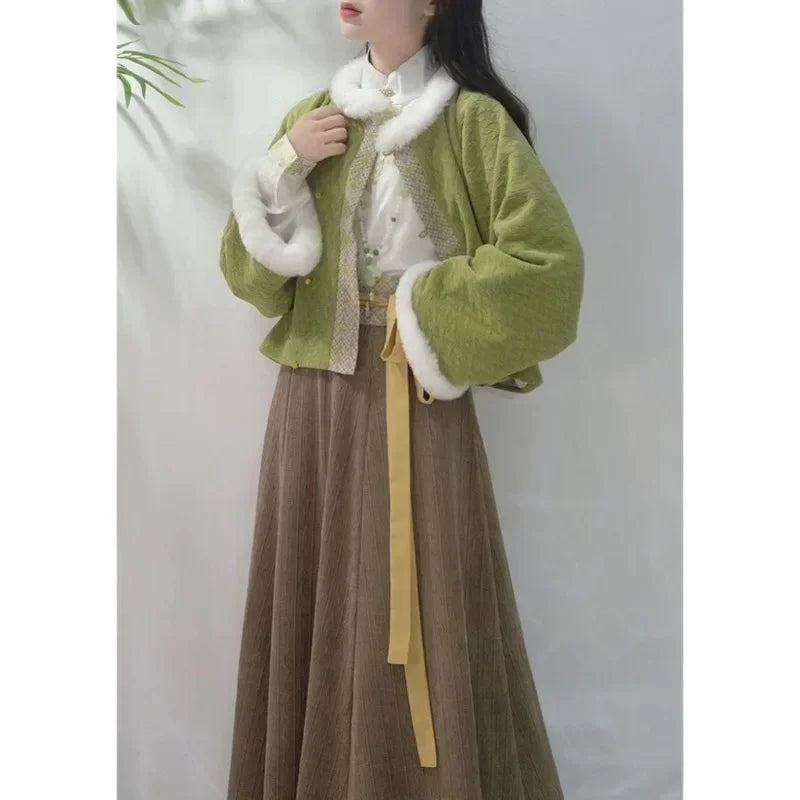 Winter Traditional Chinese Tang Dynasty Style Hanfu Dress Green Fleece