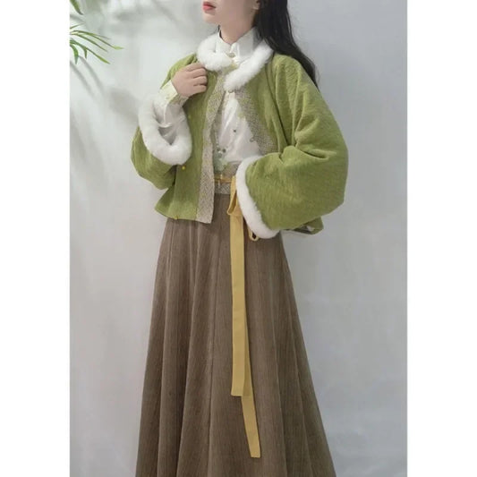 Winter Traditional Chinese Tang Dynasty Style Hanfu Dress Green Fleece