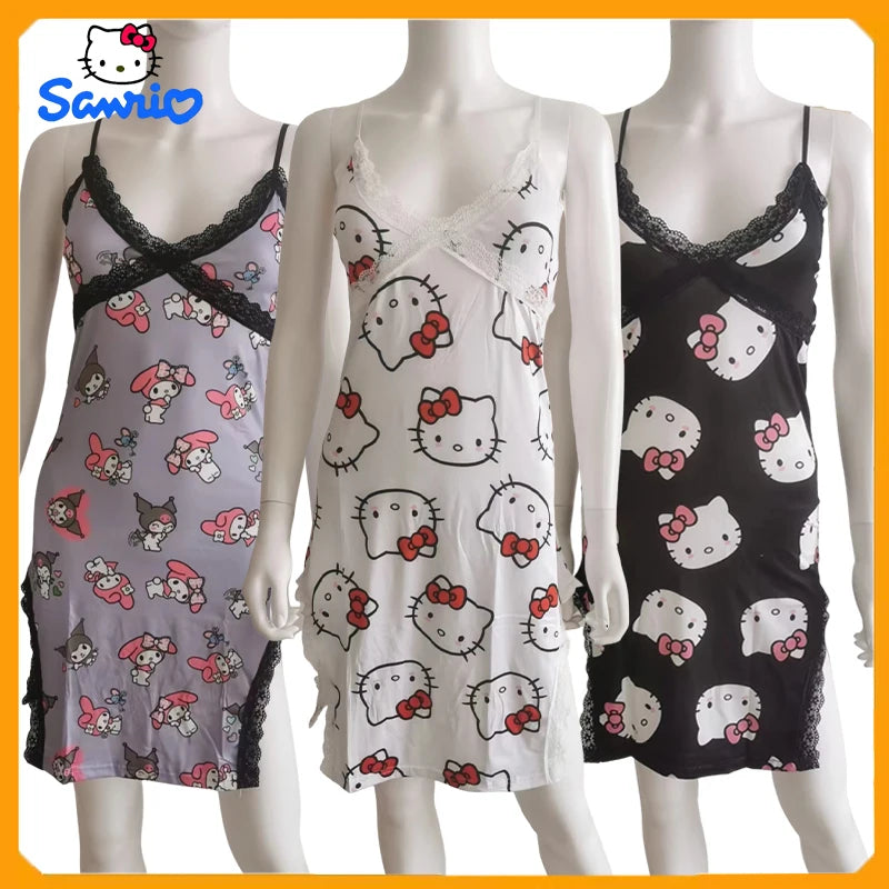 2024 New Hello Kitty Summer Ladies Nightdress Slip Dress Anime Sanrio My Melody Cartoon Cute Sweet Cotton Pajamas Homewear Cloth