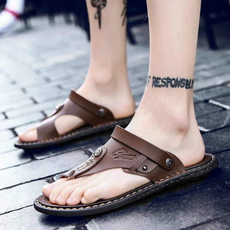 POLALI Men Sandals Genuine Split Leather Men Beach Sandals Brand Men Casual Shoes Flip Flops Men Slippers Sneakers Summer Shoes