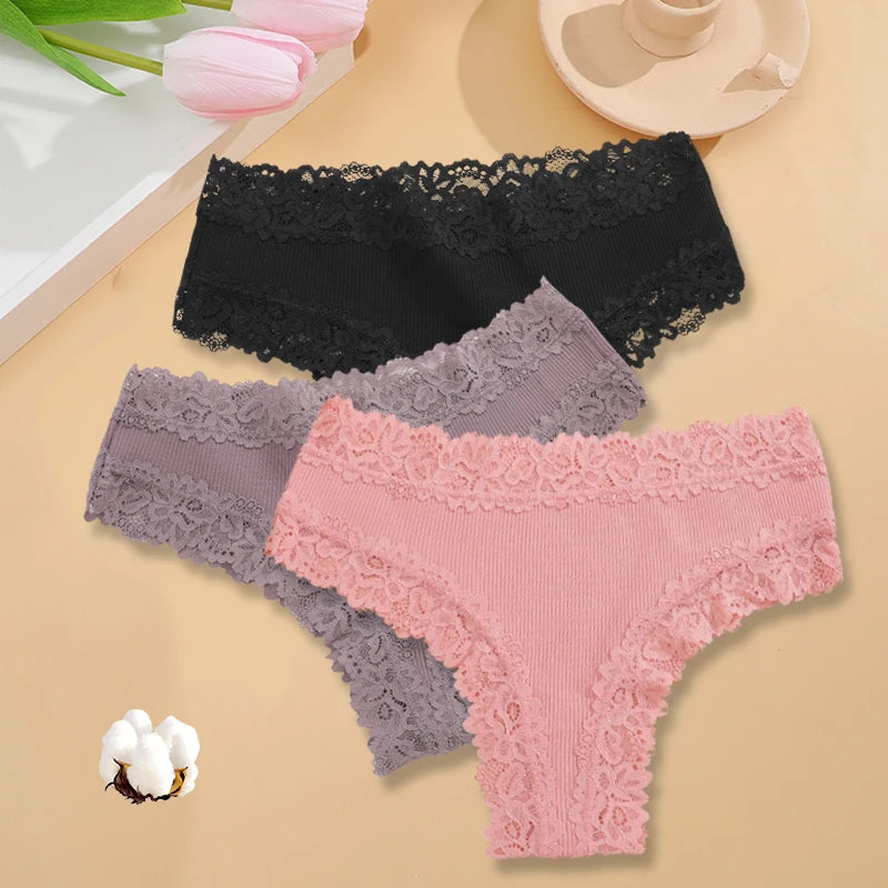 3PCS/Set Women Sexy Lace Panties Cotton Seamless Brazilian Panties Female Sexy Low Rise Soft Underwear G-String Lingerie S-XL