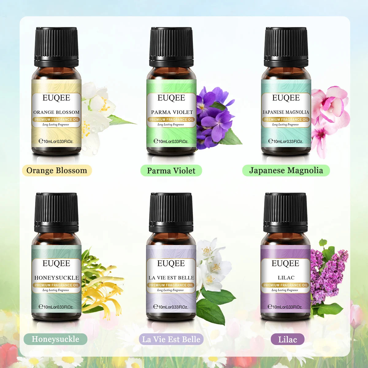 EUQEE 6PCS Floral Fragrance Oils Gift Set  - La Vie Est Belle,Orange Blossom,Japanese Magnolia,Lilac,Parma Violet,Honeysuckle