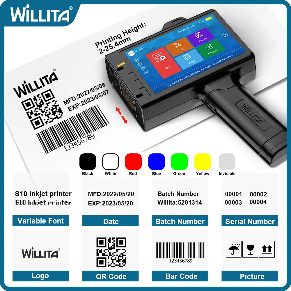 WILLITA 25.4mm Handheld Inkjet Printer For Logo Expiry Date QR Code Barcode Batch Number Label Tij Printer Portable 18 Languages