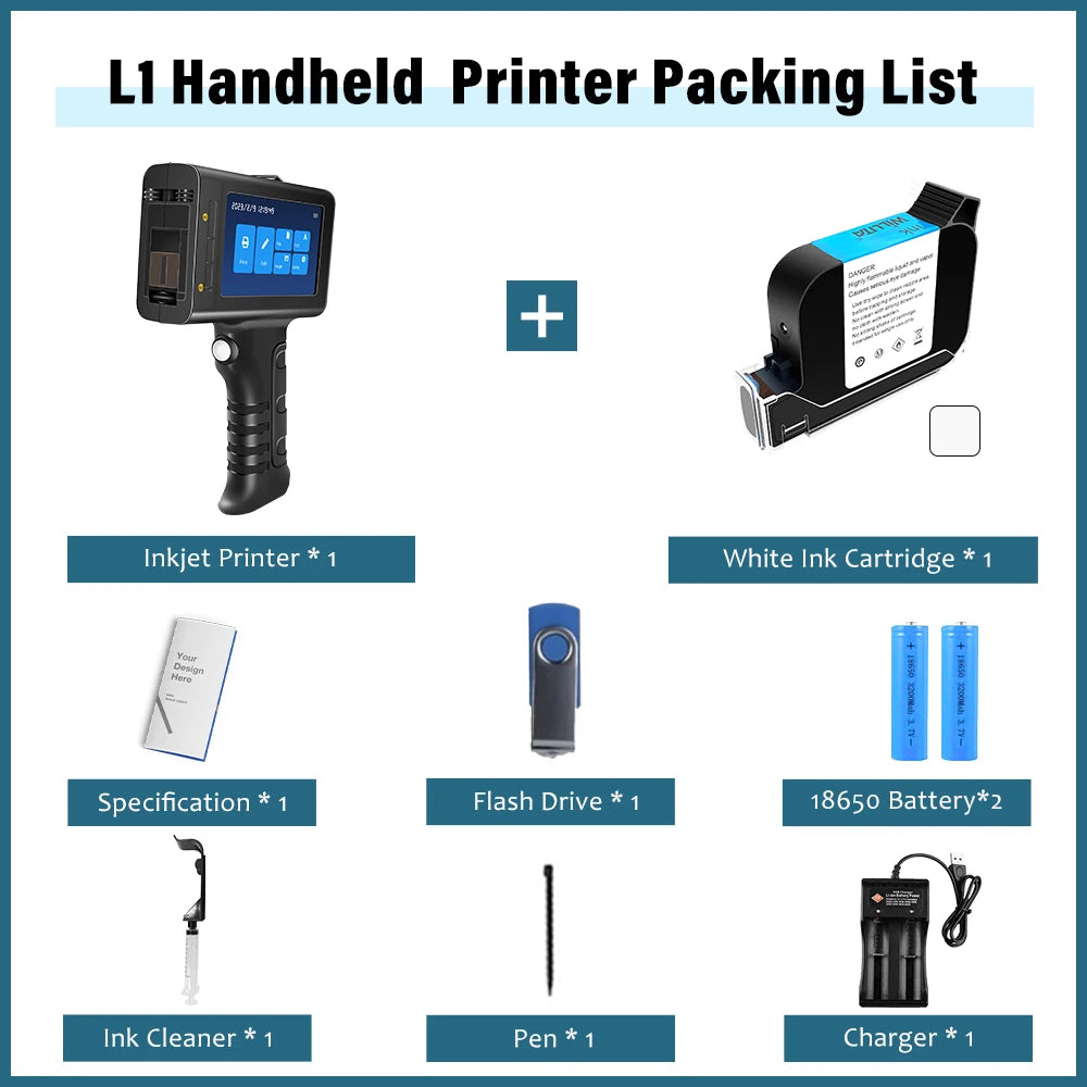 Portable 12.7mm Handheld Inkjet Printer WLD-L1 QR Barcode Batch Number Logo Expiry Date Label Printer Gun with Black Cartridge