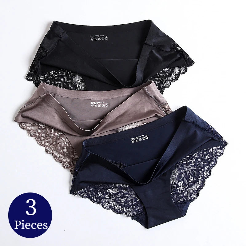 TrowBridge 3PCS/Set Women's Panties Exquisite Lace Underwear Sexy Lingerie Big Size Sweet Silk Satin Briefs Soft Cozy Underpants