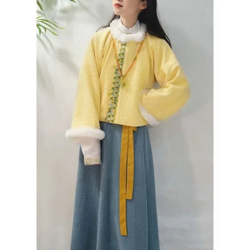 Winter Traditional Chinese Tang Dynasty Style Hanfu Dress Green Fleece