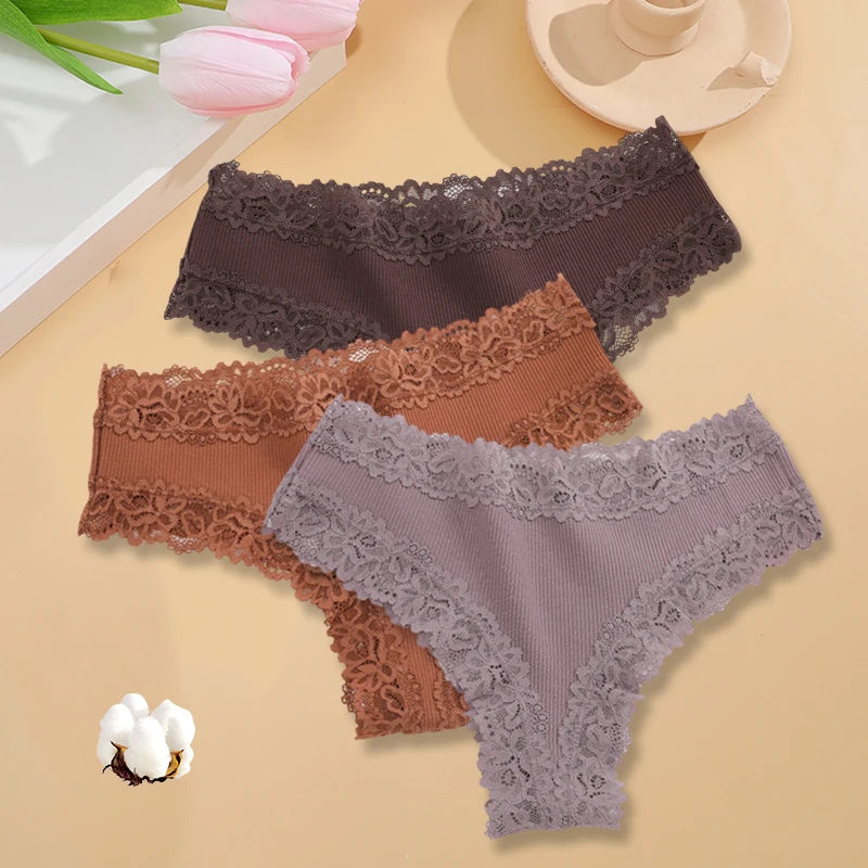 3PCS/Set Women Sexy Lace Panties Cotton Seamless Brazilian Panties Female Sexy Low Rise Soft Underwear G-String Lingerie S-XL