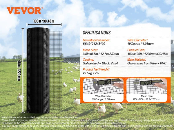 VEVOR Hardware Cloth Galvanized Wire Mesh Roll Vinyl Coating Metal Wire Mesh for Chicken Coop Barrier Poultry Enclosures Black